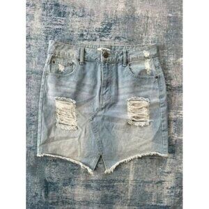 Forever 21 Light Wash Distressed Asymmetrical Hem Denim Skirt Size 28 Waist